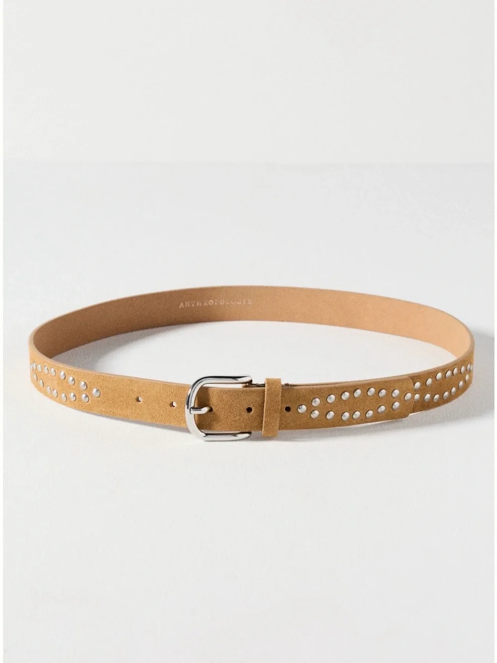 NWT Anthropologie XS Leather Studded Ellipse Belt in Camel/Silver